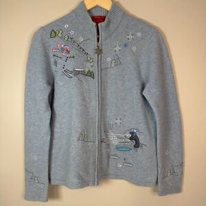 Vintage Northern Isles LG Blue Wool Embroidered Winter Novelty Zip Cardigan 2004